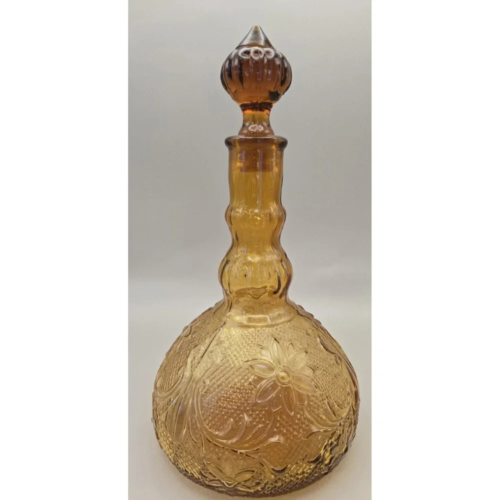 Vintage Decanter Amber Glass‎ Set With 7 Matching Goblets. Tara